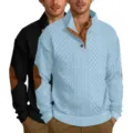 Pull en tricot jacquard à manches longues col montant homme vue de face élégante chic - Bleu clair et noir
