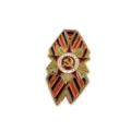 Soviet Patriotic War metal pin badge with red star hammer sickle and ribbon design accessory. - Style 340-3