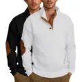 Pull homme col montant manches longues en tricot torsadé avec coudières et patte de boutonnage - S / Blanc avec Noir