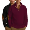 Pull homme col montant jacquard manches longues casual pull en maille avec coudieres cuir. - Rouge vin et noir