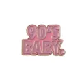 Detail view of the stylish 90s baby pink and gold metal enamel pin badge accessory. - Pink Retro Style