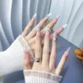 Handmade press-on nails nude pink gradient cat eye long almond crystal rhinestone charms - Long Oval / XS / Nude Pink Gradient