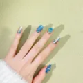 Handmade luxury cat eye press on nails with dazzling blue rhinestones and glitter finish. - XS / New Chinese Style
