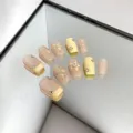 Uñas postizas corto nude rosa amarillo hoja de oro estrella diamantes set elegante - M / Estilo 084 Uñas Postizas (Con Herramientas)