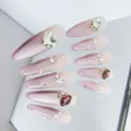 Uñas postizas rosas de estilete con pedrería brillante y dijes de cristal relucientes. - XS / Estilo 058 Uñas Postizas