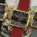 Koutake square quartz watch detail, gold case with silicone strap, stylish design. - Gold Case Black Dial Red Strap