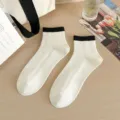 Fresh women vertical stripe mid tube socks in white with black cuff for daily wear style - One Size / White