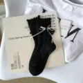 Black JK bow lace mid-calf socks, sweet Japanese style cotton socks for women and girls. - One Size / Black Ruffle Cable Bow
