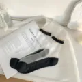 Women's ultra-thin transparent sheer mid-calf socks Japanese style lace cotton bottom socks - One Size / Black and White Silk
