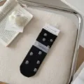 Women's spring summer mid tube socks fresh rose floral pattern lace breathable long socks - One Size / Black