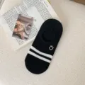 Women breathable invisible low-cut boat socks with cute stripe and smiley embroidery summer - One Size / Black