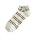 Cute striped double needle boat socks for women with bear label, low cut spring summer short socks - One Size / Light Green Ribbed Cuff