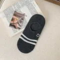 Dark grey invisible boat socks with white stripes and cute smiley embroidery for women summer wear. - One Size / Dark Gray