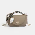 Taupe leather crossbody bag with chain strap and chic printed silk scarf handle. - 18*7*10cm / Khaki