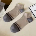 Men low cut striped socks, breathable cotton casual short ankle socks, khaki grey pair - One Size / Khaki