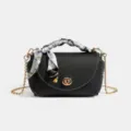 Black leather crossbody bag with chain strap, turn-lock closure and elegant silk scarf handle. - 18*7*10cm / Black
