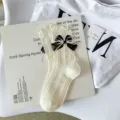 Milky white Lolita bow crew socks, sweet Japanese style cotton socks with lace and bows. - One Size / Beige Ruffle Cable Bow