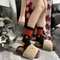 Cotton mid-calf socks featuring cute embroidered french fry design, cozy and stylish daily wear. - One Size / Black French Fries
