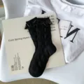 Black ruffle bow JK lolita mid-calf socks for women sweet japanese style cotton hosiery. - One Size / Black Cherry Blossom Ribbon