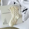 Cream White Ruffled Bow JK Mid-Calf Socks Sweet Lolita Lace Cotton Socks Cute Style Variant - One Size / Beige Cherry Blossom Ribbon