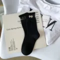 Black JK ruffle bow mid-tube socks, cute Lolita cotton hosiery for spring and summer fashion. - One Size / Black Sequin Bow