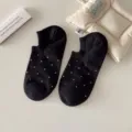 Black polka dot invisible boat socks, Japanese style low cut spring summer short socks. - One Size / Black