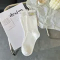 White lolita ruffled crew socks with cute golden bow, sweet style cotton hosiery for women. - One Size / White Sequin Bow