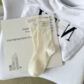 Milky white Lolita ruffled mesh mid-calf socks with cute bow, sweet Japanese style cotton socks. - One Size / Beige Sequin Bow