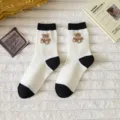 Thickened warm wool socks for women, contrast color mid-calf crew socks with cute bear embroidery. - One Size / Black Cuff