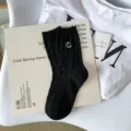 Black mid tube socks with crystal letter G decoration, comfortable cotton material for women daily wear. - One Size / Black Diamond G