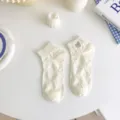 White cotton ankle socks with cute bow embroidery for women spring summer daily wear. - One Size / Bow