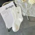 White diamond knit mid-tube JK socks with rhinestone letter G for women, cute cotton hosiery. - One Size / White Diamond G