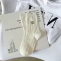 White diamond knit mid-calf socks with rhinestone letter G, sweet Lolita cotton socks. - One Size / Beige Diamond G