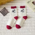 Thickened warm wool mid-tube socks with cute flocked bear design and cozy color-blocking. - One Size / Red Cuff