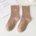 Cute brown cotton crew socks for women featuring sweet bear embroidery, trendy daily wear. - One Size / Khaki
