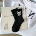 Black JK Lolita mid-calf socks with sheer bow, cute Japanese style lace cotton socks for women. - One Size / Black Double Ruffle Floral