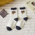Winter thick warm wool socks for women, cute bear embroidery contrast color mid tube casual. - One Size / Dark Grey Ribbed