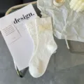 White Japanese JK Lolita mid-calf socks with cute bow lace design for women spring summer. - One Size / White Double Ruffle Floral