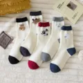 Thickened warm wool women socks cute cartoon bear flocking contrast color mid tube socks - One Size / Navy Cuff