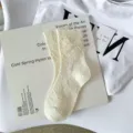 Cute Japanese Lolita white lace mid-tube socks with cute bow for sweet daily wear style. - One Size / Beige Double Ruffle Floral