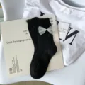 Black JK ruffle lace socks with sheer bow, cute Japanese Lolita mid-tube cotton socks. - One Size / Black Cherry Blossom Mesh Bow