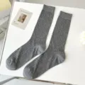 Grey ribbed mid-calf socks for women, minimalist daily casual knit hosiery style. - One Size / Dark Gray