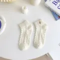 White cotton short socks with cute bunny embroidery, comfortable cable knit style for women. - One Size / Rabbit