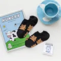 Cute women shallow mouth low cut boat socks with sweet brown cartoon bear print, comfy cotton sock. - One Size / Black Bear