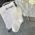 Milk white Japanese Lolita JK mid-calf socks cute mesh bow lace trim sweet cotton socks - One Size / White Cherry Blossom Mesh Bow
