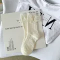 Sweet JK Lolita mid-calf socks in creamy white featuring lace trim and cute mesh bows. - One Size / Beige Cherry Blossom Mesh Bow
