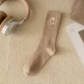 Brown ribbed crew socks featuring embroidered letter C design, cozy casual cotton daily wear. - Khaki