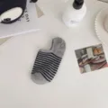 Women grey black striped low cut boat socks breathable cotton casual invisible socks - One Size / Gray