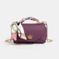 Purple leather crossbody bag with gold chain strap and stylish silk scarf handle. - 18*7*10cm / Purple