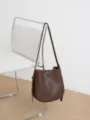 Brown leather bucket bag, vintage style single shoulder and crossbody bag for women. - Coffee